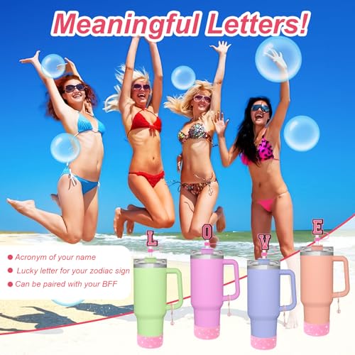 AIERSA Cup Accessories Set for Stanley 40oz Cups, 2Pcs Pink Straw Cover Caps for 10 mm Straws, 4Pcs Silicone Spill Stopper, 1pcs Letter Charms and 1Pcs Glitter Silicone Boot for Stanley 40oz Tumbler