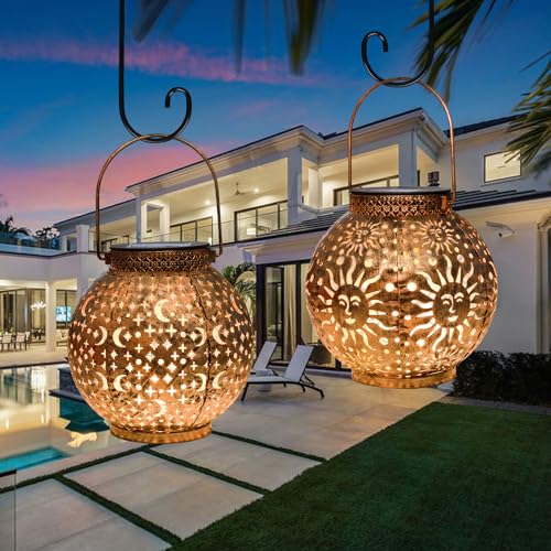 Go2garden 2Pack Solar Lanterns Outdoor Waterproof Garden Gifts for Mom Moon Star Sun Solar Lights for Balcony, Yard,Birthday Mothers Day Gifts for Grandma Wife (Bronze)