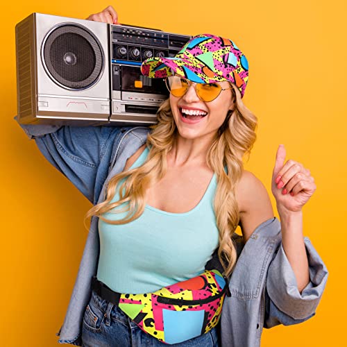 Sotiff 2 Pcs Retro 80s 90s Outfits for Women Men 80s Fanny Pack and Hat 90s Costumes Adjustable Waist Bag Bucket Hats for Themed Party(Bright Style)