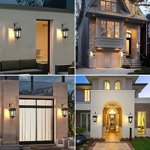 Hanging Solar Lanterns Outdoor, 2 Pack Glass Solar Lights Outdoor Waterproof, Auto ON/Off Solar Wall Lanterns for Outside Porch, Patio and Yard