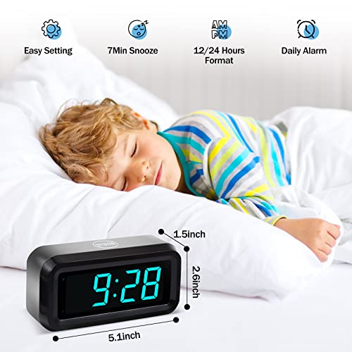 Timegyro Digital Alarm Clock Battery Operated with LED Display for Bedrooms, Long Battery Life, 3 Brightness Adjustable, 12/24 Hour, Snooze, Black Case with Blue Digits