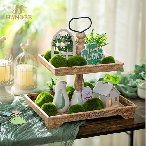 Hanobe Tiered Tray for Table Decor: 2 Tier Farmhouse Serving Stand Summer Decorative Tray for Coffee Bar Centerpiece Rectangle Wood Display Stands Kitchen Counter (Brown)