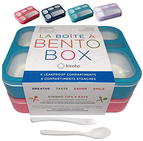 Bento Lunch Box Kids & Adult: Leakproof Containers for Boys & Girls with 6 Compartments - School, Daycare, Meal Planning Portion Control Container, BPA-Free Boxes, Utensils, Blue & Pink Set