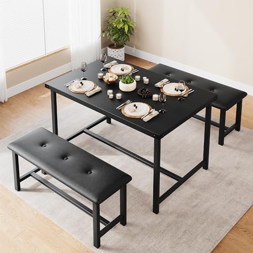 GAOMON Dining Table Set for 4, Kitchen Table with Benches, Rectangular Dining Room Table Set with 2 Upholstered Benches, 3 Piece Kitchen Table Set for Small Space, Apartment, Studio, Retro Black