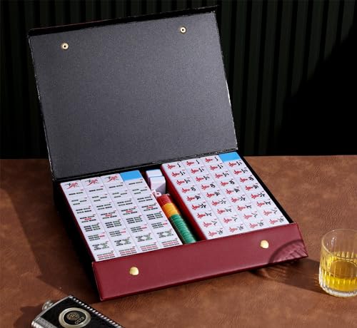 Mose Cafolo Chinese Mahjong Game Set 1.5" X-Large 144 Numbered White Blue Melamine Tiles with Carrying Travel Case,Complete Majong Majiang, Mah Jonng Game Set