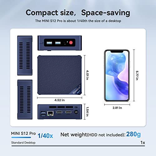 Beelink S12 Pro Mini PC, Intel 12th Gen Alder Lake- N100(up to 3.4GHz), 8GB DDR4 RAM 256GB M.2 SSD, Desktop Computer Support 4K Dual Display/USB3.2/WiFi 6/BT5.2/Gigabit Ethernet for Home/Office