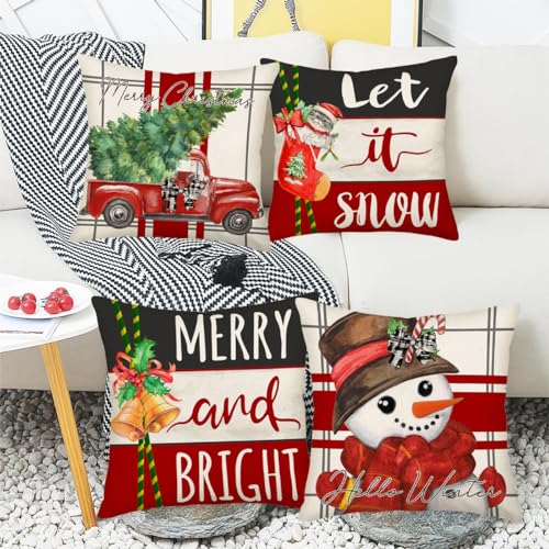 Smilyard Christmas Decorative Pillow Covers 16x16 Inch Set of 4 Merry Bright Christmas Tree Red Truck Snowman Let it Snow Cat Stocking Jingle Bells Decor Winter Pillows Cushion Case for Home Couch