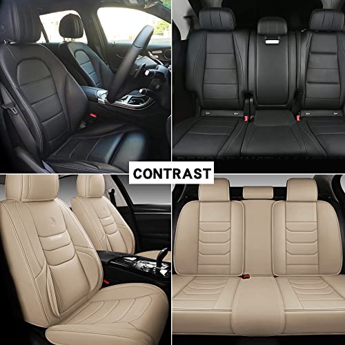 HAITOUR Full Coverage Leather Car Seat Covers Full Set Universal Fit for Most Cars Sedans Trucks SUVs with Waterproof Leatherette in Automotive Seat Cover Accessories (Full Set, Beige)