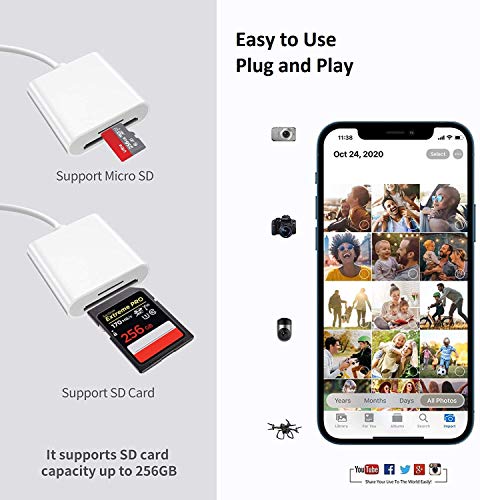 SD Card Reader for iPhone iPad, Apple MFi Certified iPhone SD/Micro SD Card Reader Adapter Cable with Dual Slots for SLR Cameras, Trail Game Camera Viewer, Memory Card Reader for iPhone, Plug and Play