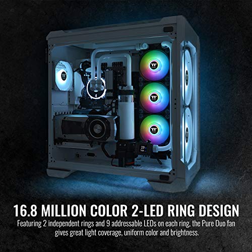 Thermaltake Pure Duo 120mm 16.8 Million RGB Color 5V ARGB Motherboard Sync 2 Light Rings 18 Addressable LED 9 Blades Hydraulic Bearing White Case/Radiator Fan CL-F097-PL12SW-B