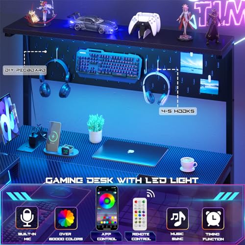 Homieasy Small Gaming Desk with Power Outlets Pegboard LED Light, 43 Inch L Shaped Computer Desk with Monitor Stand Storage Shelves, Reversible Corner Desk with Headset Hooks, Carbon Fiber Black