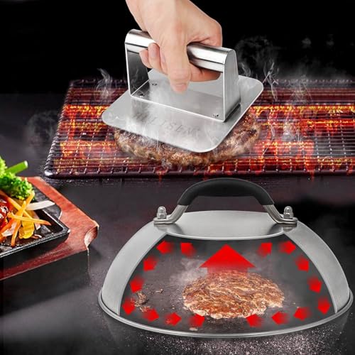 HULISEN Cheese Melting Dome & Smashed Burger Press, 5.5" Square Grill Press with 9" Basting Cover, Stainless Steel Burger Smasher, Griddle Accessories Kit for Flat Top Grill Cooking Indoor/Outdoor
