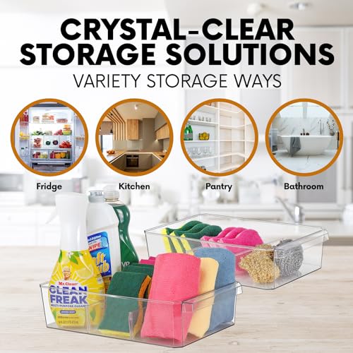 Clear Large Plastic Storage Bins with Removable Dividers, Pantry Organizers and Storage Containers Fridge Organizer Bin for Organizing Kitchen Under Sink Bathroom Refrigerator Organization Freezer