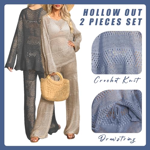 Famulily Womens 2 Piece Crochet Outfits Sexy Hollow Out Cover Up Sets Long Sleeve Tops and Drawstring Long Pants Matching Set Beige S