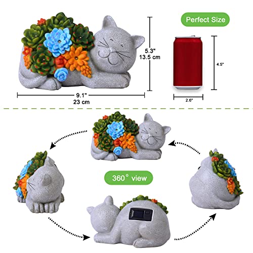 Qeeman Garden Outdoor Decor Cat Statue - Cat Resin with Solar Light Garden Statues Outsides Decorations for Cat Lovers Gardeners Family with Pets,Ornament Gift for Birthday/Mother’s Day