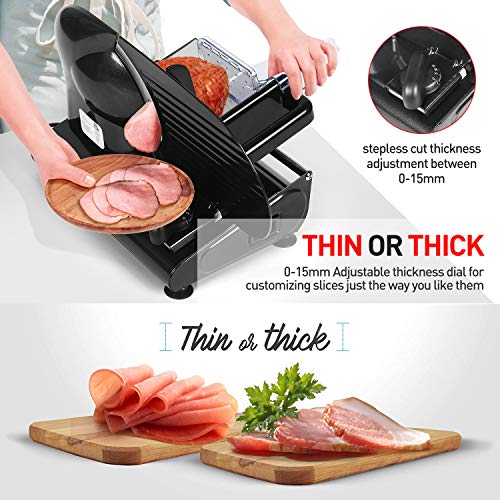 Meat Slicer, Techwood Electric Deil Food Slicer with Removable 9” Stainless Steel Blade, Deli Cheese Fruit Vegetable Bread Cutter with Adjustable Knob for Thickness, Food Carriage & Non-Slip Feet