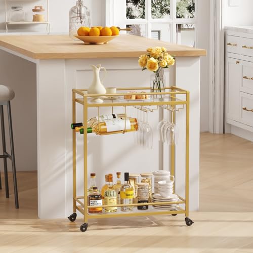 Lifewit Bar Cart, Home Serving Cart with 2 Tier Glass Shelves, Liquor Rolling Cart with Lockable Wheels, Glass Holder and Wine Rack, Beverage Cart for Kitchen Dining Living Room, Gold