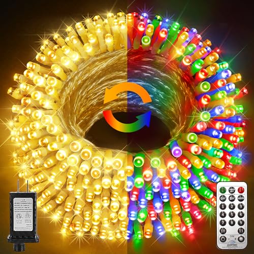 KNONEW 300 LED 99ft Christmas Lights Color Changing String Lights Outdoor, Clear Wire String Light 11 Modes for Xmas Tree Trunk Yard Porch Deck Wedding Party Warm White to Multicolor