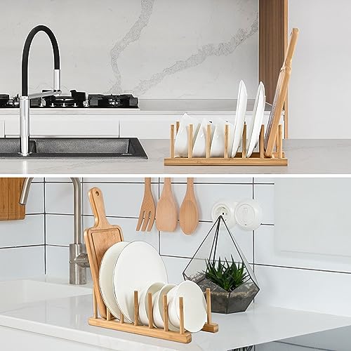 INNERNEED Bamboo Wooden Dish Rack Plates Holder Compact Kitchen Storage Cabinet Organizer for Dish/Plate/Bowl/Cup/Pot Lid/Cutting Board