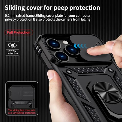 Vinve for iPhone 13 Pro Case, Slide Lens Cover, HD Screen Protector, Military Grade Drop Protection, Magnetic Rotated Ring Holder Kickstand Phone Case,Black