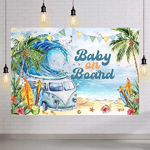 MEHOFOND 7x5ft Soft Fabric Summer Baby on Board Baby Shower Backdrop Summer Beach Oh Baby Baby Shower Party Decorations Tropical Sea Wave Surfboard Background Seaside Newborn Birthday Photo Props