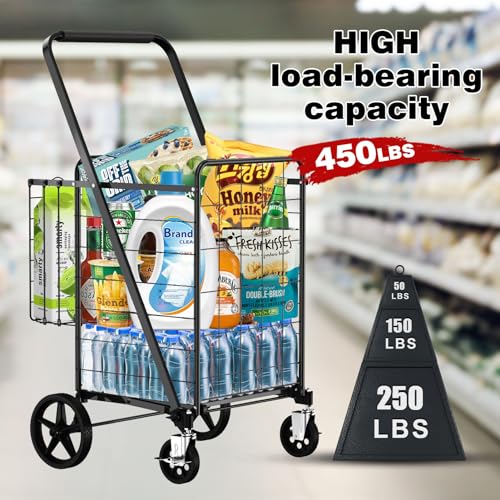 XING LANG Folding Shopping Cart with 360° Rolling Swivel Wheels & Brakes - 4.3ft³ Foldable Grocery Cart with Double Basket & Liner, 420lbs Portable Heavy Duty Utility Carts for Laundry Luggage Travel