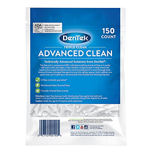 DenTek Triple Clean Advanced Clean Floss Picks, No Break & No Shred Floss, 150 Count, (Packaging May Vary)