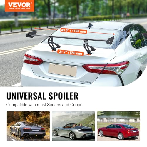 VEVOR GT Wing Car Spoiler, 43.3 inch Universal Spoiler with Single Deck, Adjustable Lightweight Aluminum, Car Rear Spoiler Wing, Racing Spoiler BGW/JDM Drift Black