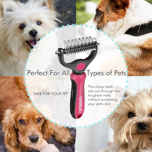 OneCut Pet Grooming Brush and Metal Comb Combo, Pet Grooming Rake and Brushes for Small, Medium & Large Dogs Double Sided Deshedding Tool Removes Knots and Tangled Hair (Blue)