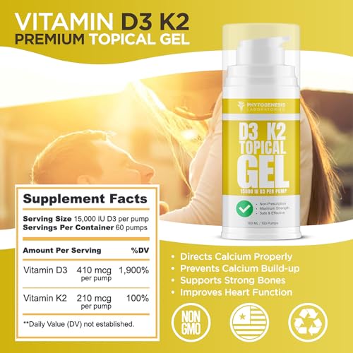 ANDROGENESIS Vitamin D3 K2 Maximum Strength Topical Gel - 15000+ IU Per Pump - The Sunshine Vitamin - Supports Bone & Joint Health, Immune Support - One Month Supply