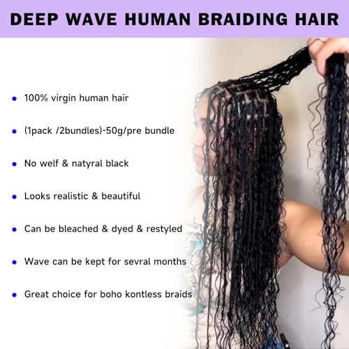 Langer 16A 4/27 Highlight Human Braiding Hair 18 Inch 150g Deep Wave Bulk Human Hair for Braiding No Weft 3 Bundles/Pack Ombre Brazilian Curly Human Hair Extensions for Braids Boho Braiding Hair