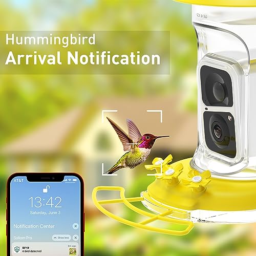 Soliom Humbirdy-The Original Hummingbird Feeder Camera with Ant Moat,Bee Proof,AI Identify Bird Species,Bird Watching Camera W/ 3 Feeding Ports,Instant Notifications,Gifts Ideas for Family(16 Ounces)