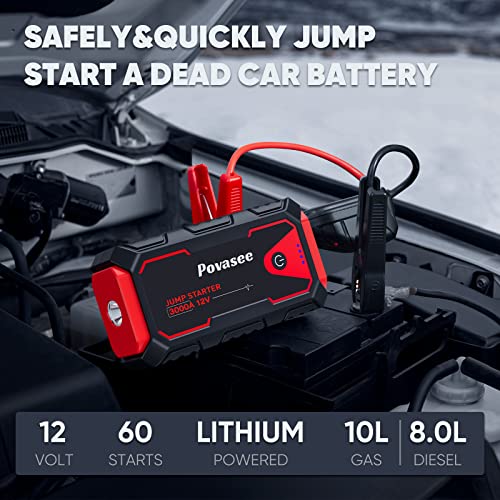 Povasee Jump Starter 3000A Peak Jump Starter Battery Pack, 12V Jump Box for Car Battery up to 10L Gas or 8L Diesel Engine Battery Jump Starter with Power Bank/Dual Output/LED Light (3000A)