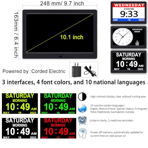 AINFTIME Clock with Day and Date for Elderly-3 Colors Display Digital Calendar Alarm Clock Dementia Alzheimers Clock with Extra Large Display (10.1in Black)