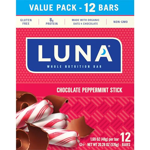 LUNA Bar - Chocolate Peppermint Stick - Gluten-Free - Non-GMO - 7-9g Protein - Made with Organic Oats - Low Glycemic - Whole Nutrition Snack Bars - 1.69 oz. (12 Pack)