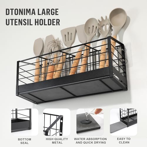 DTONIMA Large Utensil Holder for Kitchen Counter:Kitchen Cooking Utensil Holder Organizer with Diatomaceous Earth Base Matte Black (4 Compartments)