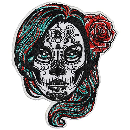 MEXICAN SKULL Sew on patch - La Calavera Catrina Iron on Patches for Mexicans, Bikers, Rockers - dia de los muertos Tattoo Embroidery Patch for Jackets, Jeans, Backpacks, Hats - 2.16x3.54 in