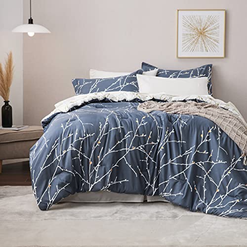Bedsure Twin Comforter Sets - Bed in a Bag Full 7 Pieces Reversible Navy Blue Flroal Bed Set Tree Branch Pattern Printed with Comforters, Sheets, Pillowcase & Sham