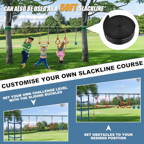Slsy Ninja Warrior Obstacle Course for Kids, 50FT Durable Ninja Slackline Kit with 8 Complete Accessories, Playset Equipment with Swing, Climbing Net, Ladder & Monkey Bars (8 Obstacles)