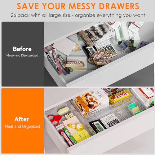 Criusia 26 Pack Large Clear Plastic Drawer Organizer Bins -Heavy Duty Acrylic Kitchen Drawer Organizers and Storage for Utensils -Bathroom Drawer Organizer Trays for Makeup Office Organization