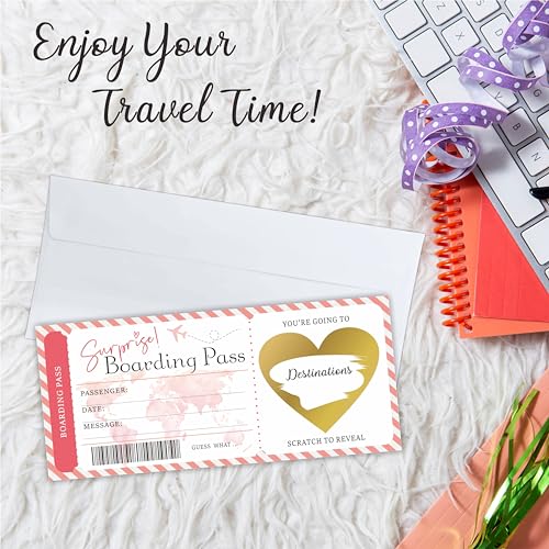 Surprise Reveal Ticket Gift For Valentine's Day, DIY Scratch Off Boarding Pass Gift Ticket Set With Envelope, Travel Ticket, Plane Ticket Gift For Holidays, Birthday, Wedding, Anniversary - A52