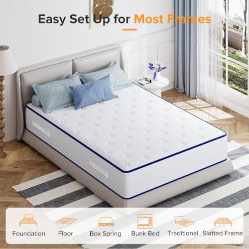 TXO Full Size Mattress, 10 Inch Medium Firm Hybrid Mattress with Individual Pocketed Springs and Cool Gel Memory Foam, Enhance Edge Support, Motion Isolation, Pressure Relief, Full Mattress in a Box