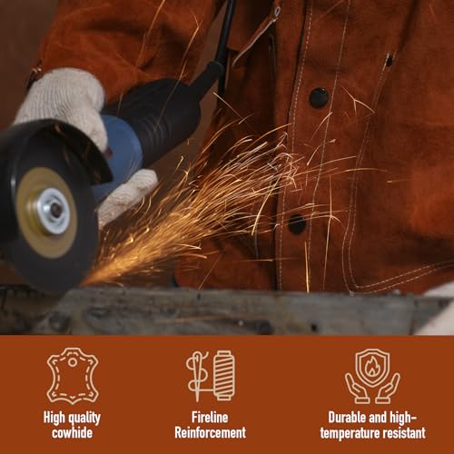 QeeLink Leather Welding Jacket - Flame-Resistant Heavy Duty Work Welder Jackets - Split Cowhide Welding Coat for Men Women (Small)