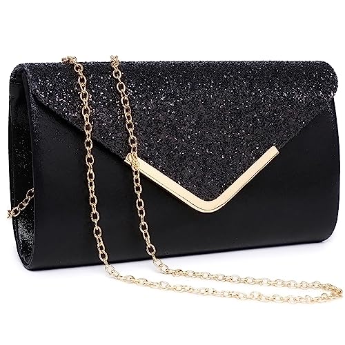 Dasein Women Evening Bags Formal Clutch Purses for Wedding Party Prom Handbags with Shoulder Strap and Glitter Flap (Black)