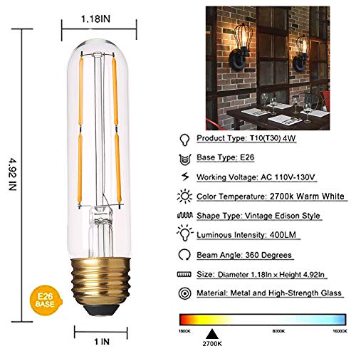 YFXRLIGHT Dimmable T10 LED Bulbs Warm White 2700K LED Tubular Edison Light Bulbs 4W Tube Vintage Led Bulbs 40 Watt Equivalent,E26 Base, LED Filament Retro Bulb for Desk Lamp, Pendant Lights,6 Pack