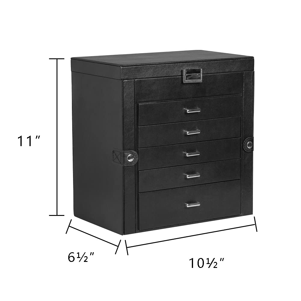 Frebeauty Large Jewelry Box,6-Tier PU Leather Jewelry Organizer with Lock,Multi-functional Storage Case with Mirror,Accessories Holder with 5 Drawers for Necklace Bracelets Watches(Black)