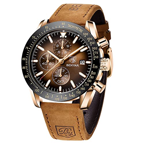 BY BENYAR Mens Watches Analog Quartz Chronograph Waterproof Brown Leather Men's Wrist Watches Business Work Casual Sport Classic Big Face Dress Watch Unique Elegant Gifts for Men