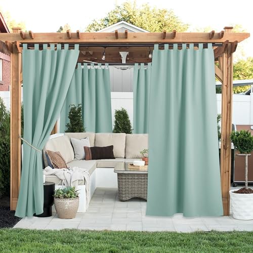 NICETOWN 2 Panels Privacy Outdoor Curtainss Weighted for Patio Waterproof, Thermal Insulated Detachable Tab Top Blackout Sliding Windproof Safe Outside Dividers for Party/Terrace, Tan, W84 x L95