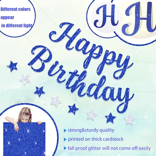Blopee Large Happy Birthday Banner, Blue Happy Birthday Banner for Men/Women, Blue Happy Birthday Sign for Backdrop, Blue and Silver Happy Birthday Banner for Royal Blue Happy Birthday Decorations