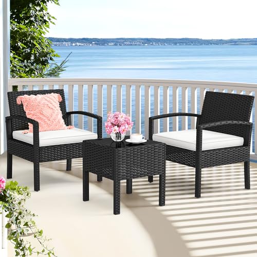 YITAHOME 3-Piece Outdoor Patio Furniture Wicker Bistro Set, All-Weather Rattan Conversation Chairs with Glass Side Table & Soft Cushions for Backyard, Balcony and Deck, Black+Beige